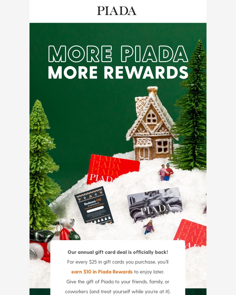 Screenshot of email sent to a Piada Italian Street Food Newsletter subscriber