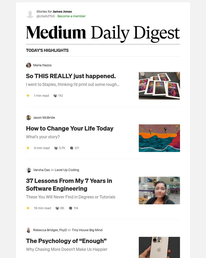 Screenshot of email sent to a Medium Registered user
