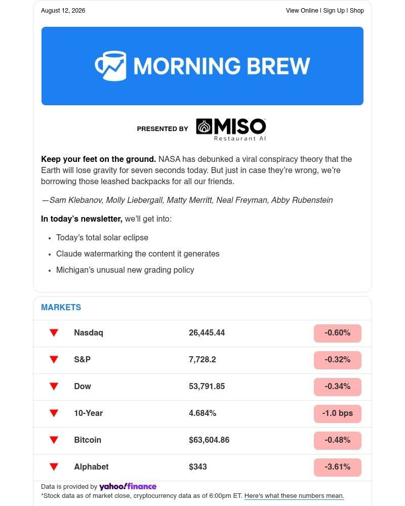 Screenshot of email sent to a Morning Brew Newsletter subscriber