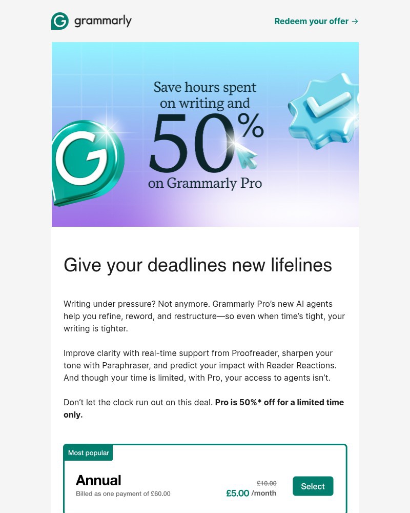 Screenshot of email sent to a Grammarly Invited user