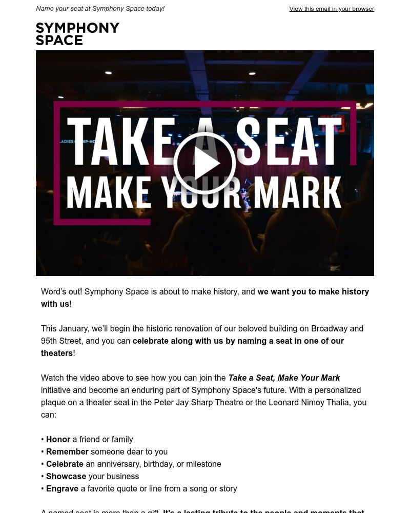 Screenshot of email sent to a Symphony Space Newsletter subscriber