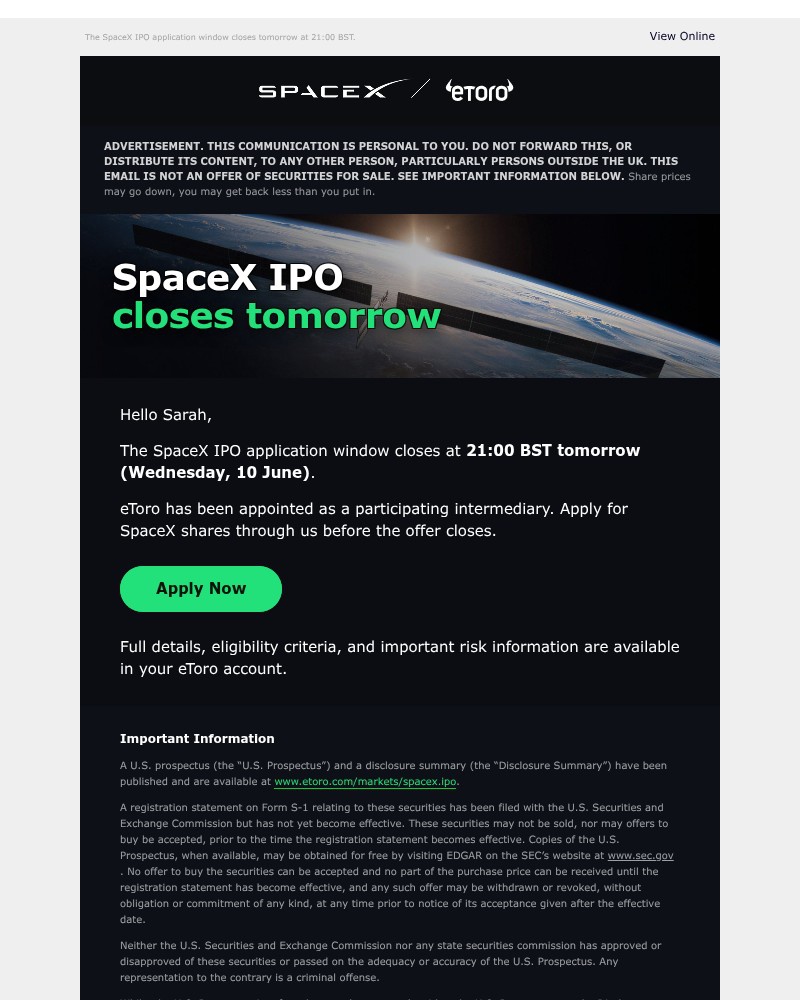 Screenshot of email sent to a eToro Registered user