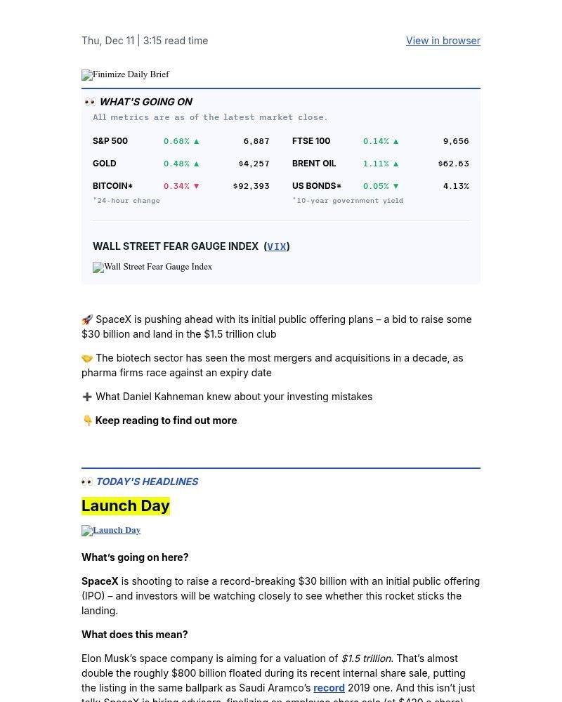 Screenshot of email sent to a Finimize Registered user