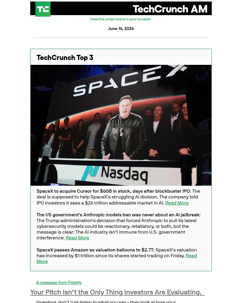 Screenshot of email sent to a Techcrunch Newsletter subscriber