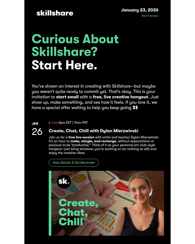 Screenshot of email sent to a Skillshare Cart abandoner