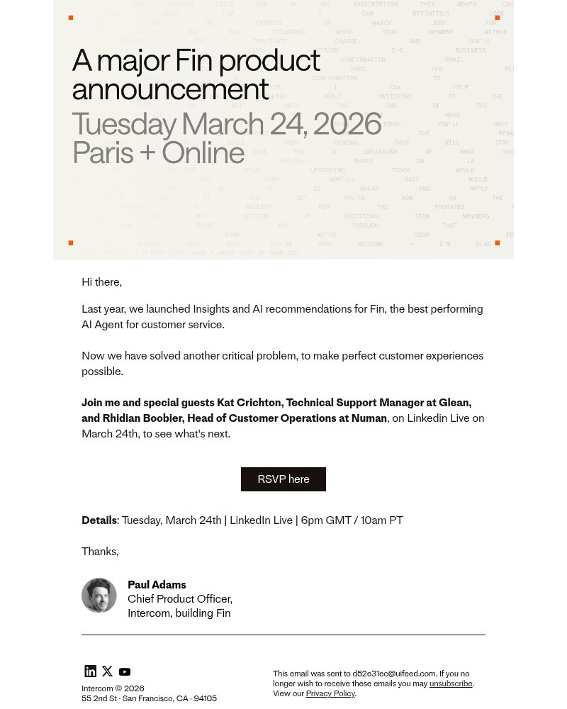 Screenshot of email sent to a Intercom Invited user