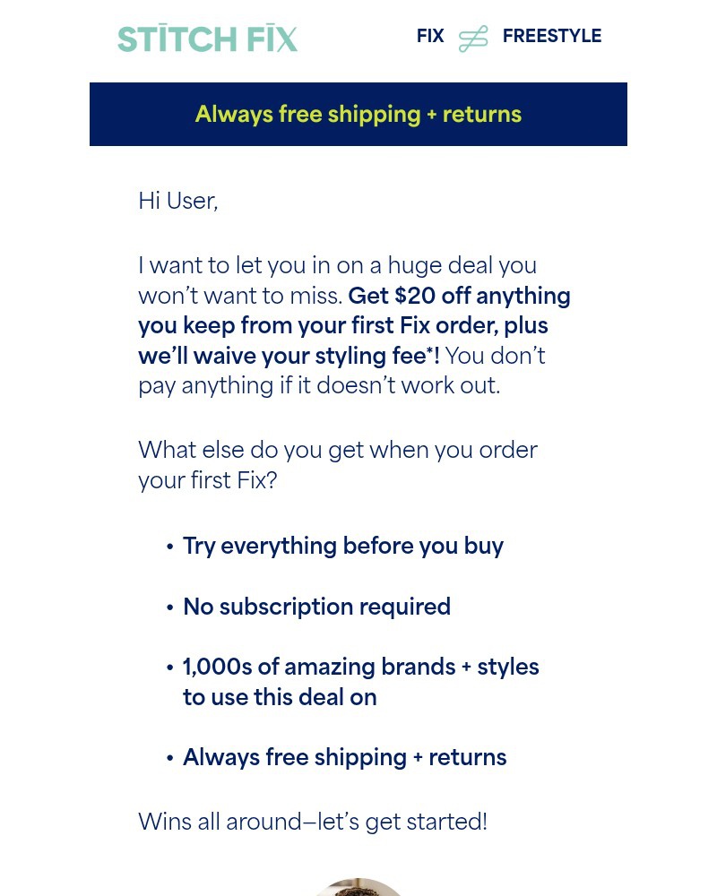 Screenshot of email sent to a Stitch Fix Cart abandoner