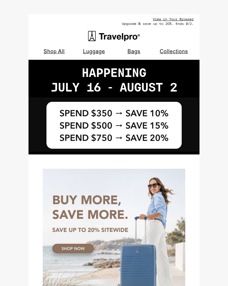 Screenshot of email sent to a Travelpro Newsletter subscriber