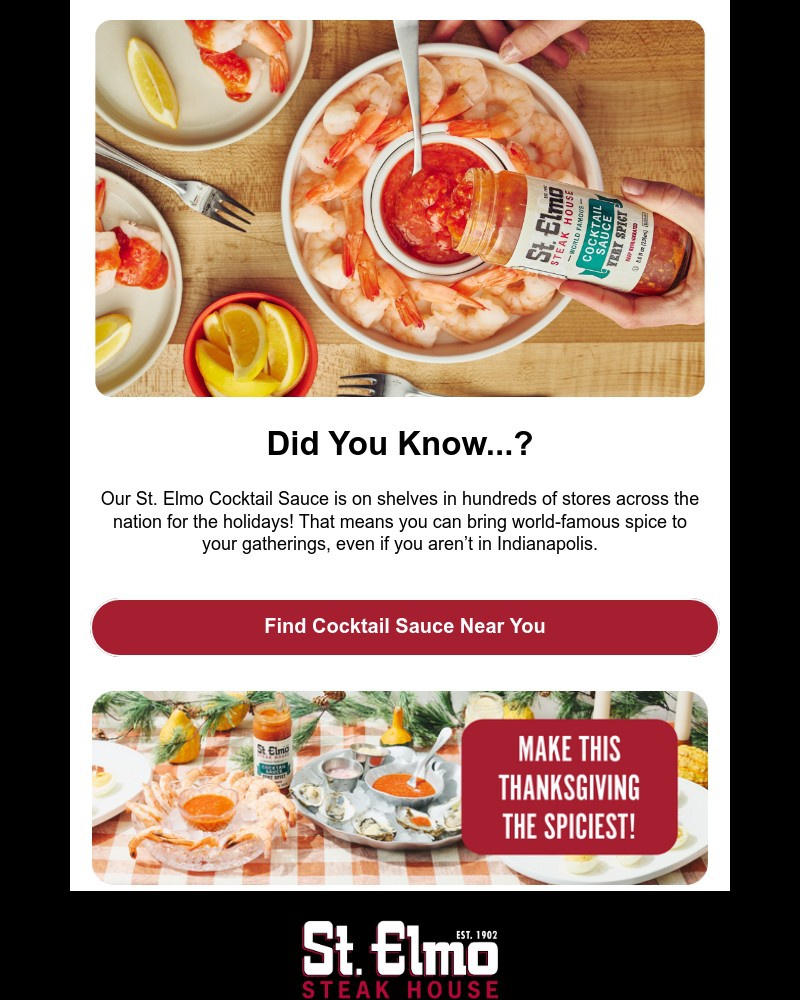 Screenshot of email sent to a St Elmo Steakhouse Newsletter subscriber