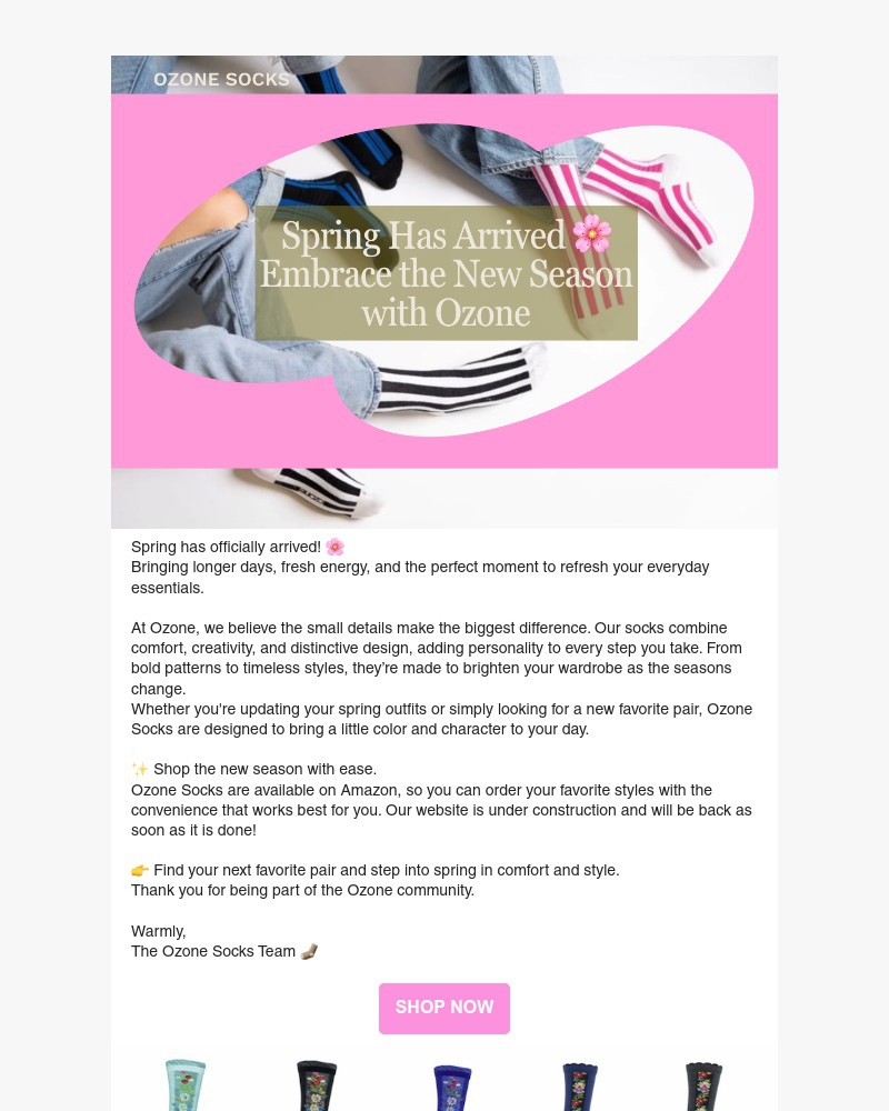 Screenshot of email sent to a Ozone Socks Newsletter subscriber