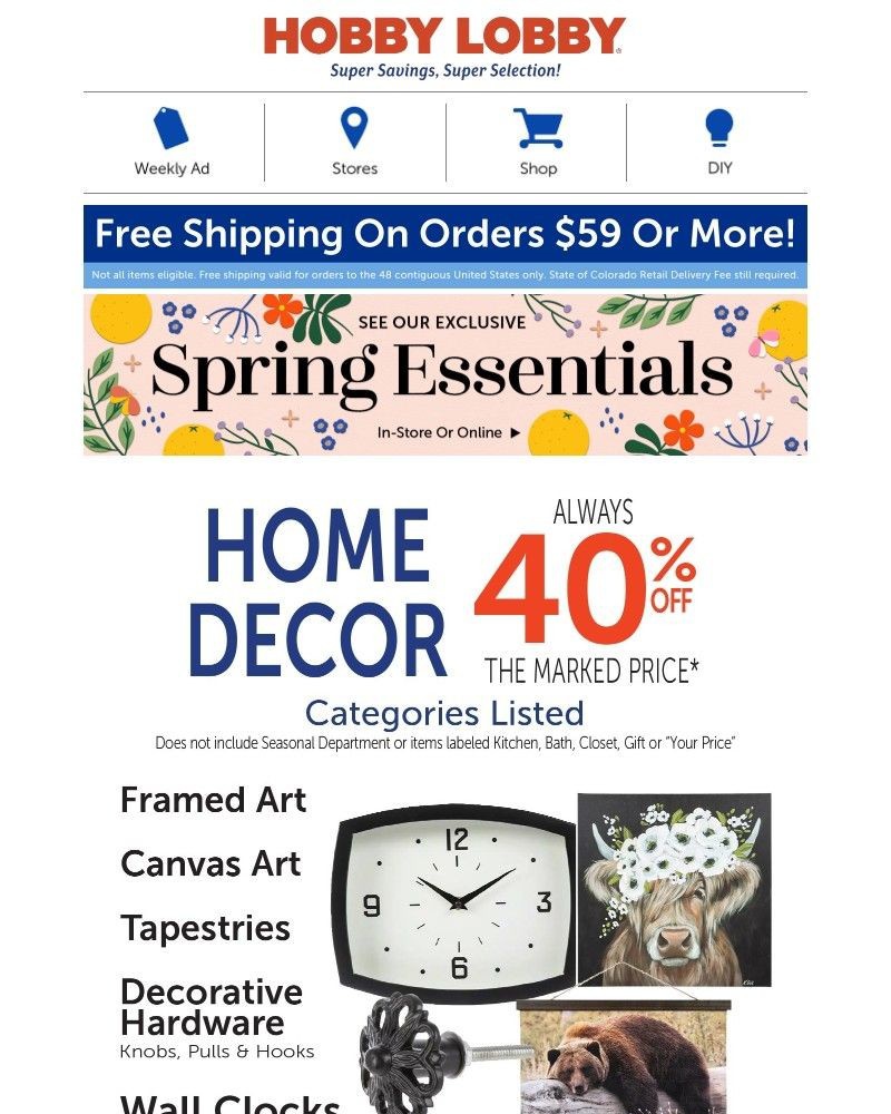 Screenshot of email sent to a Hobby Lobby Newsletter subscriber