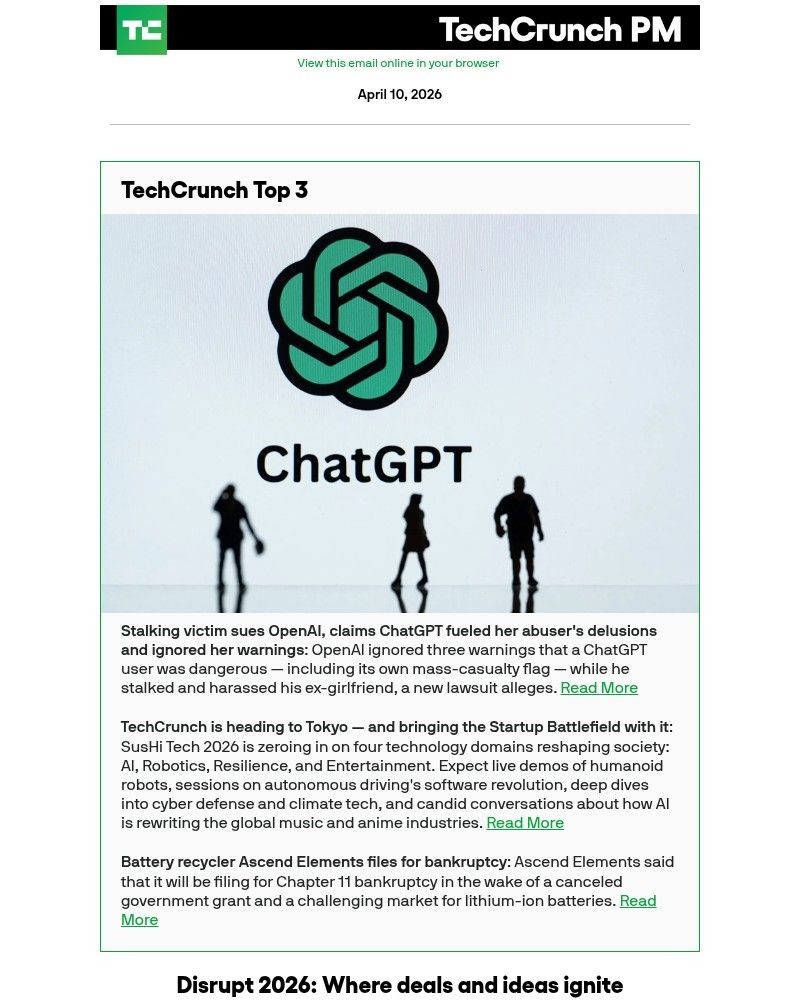 Screenshot of email sent to a Techcrunch Newsletter subscriber