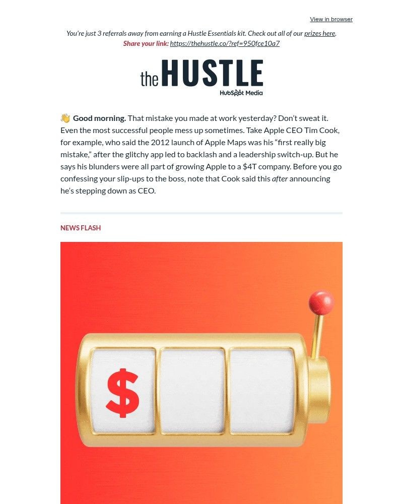 Screenshot of email sent to a The Hustle Newsletter subscriber