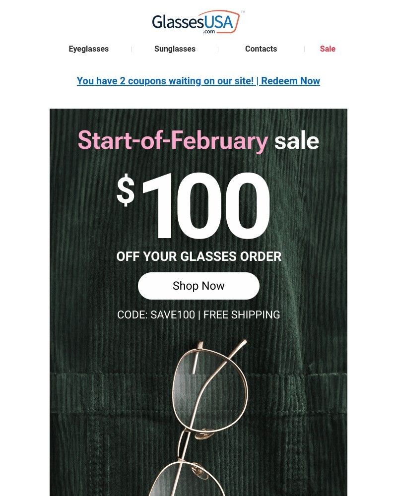 Screenshot of email sent to a Glasses USA Newsletter subscriber