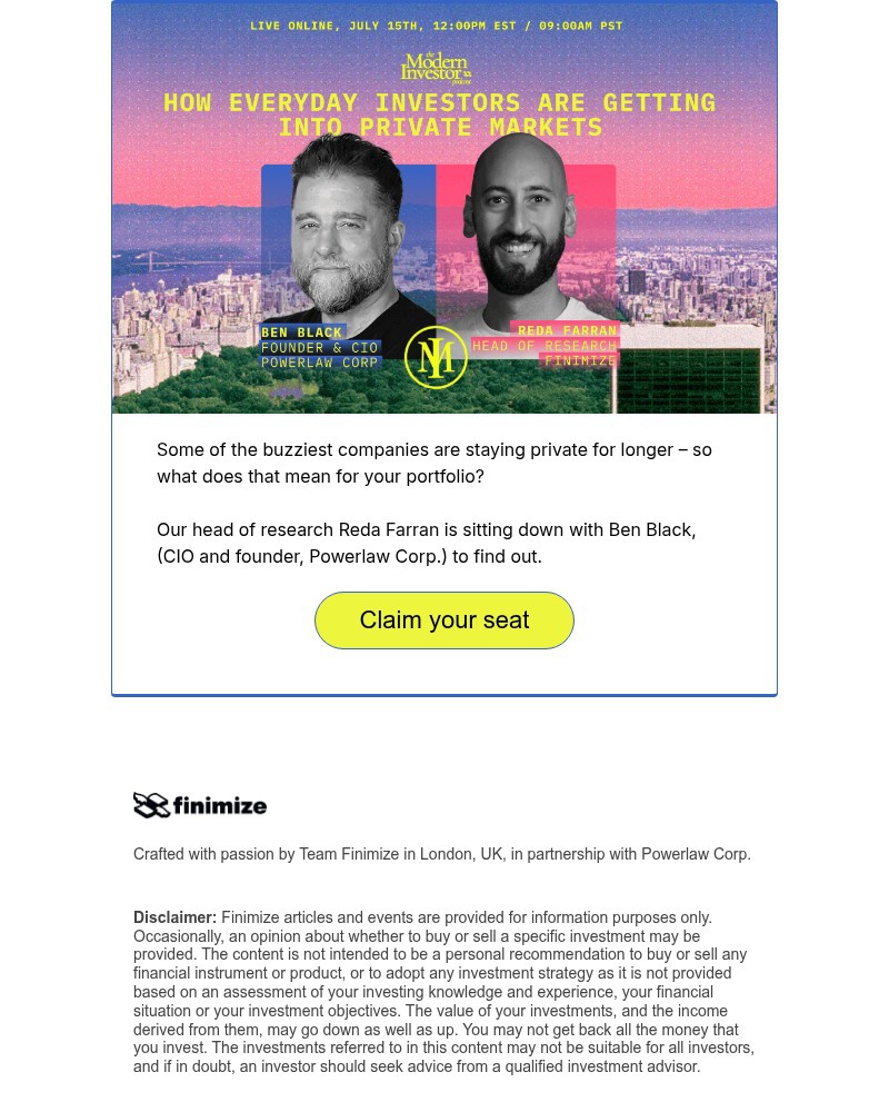 Screenshot of email sent to a Finimize Registered user