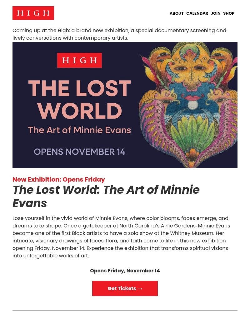 Screenshot of email sent to a High Museum of Art Newsletter subscriber