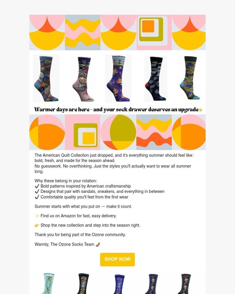 Screenshot of email sent to a Ozone Socks Newsletter subscriber