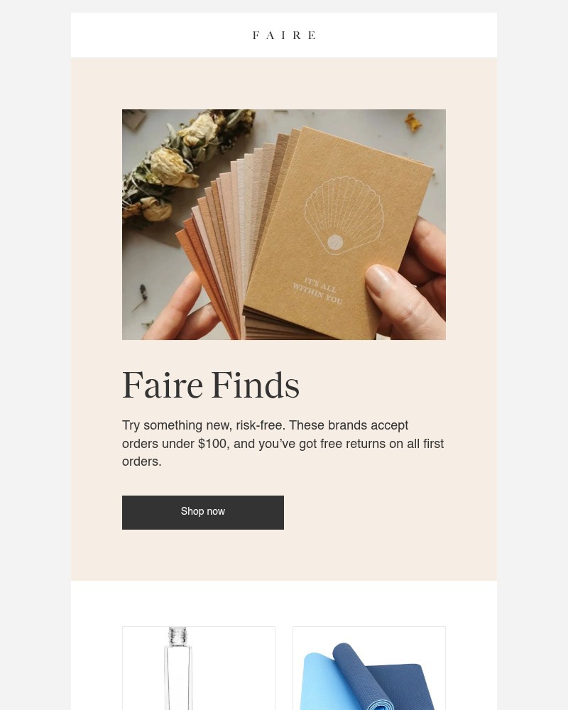 Screenshot of email sent to a Faire Newsletter subscriber