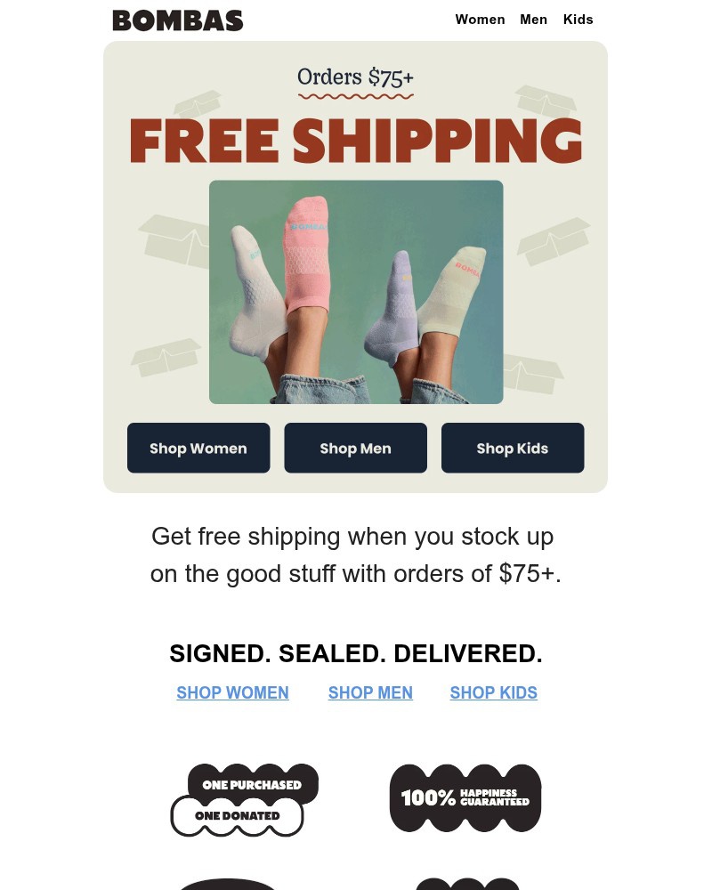 Screenshot of email sent to a Bombas Newsletter subscriber
