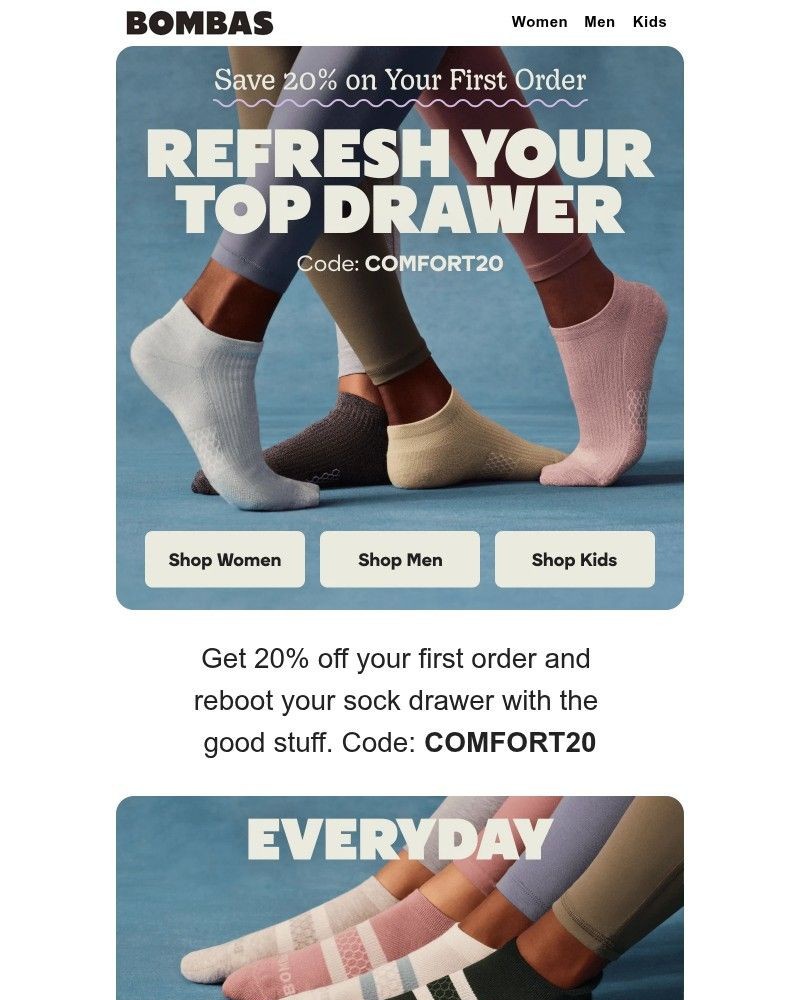 Screenshot of email sent to a Bombas Newsletter subscriber
