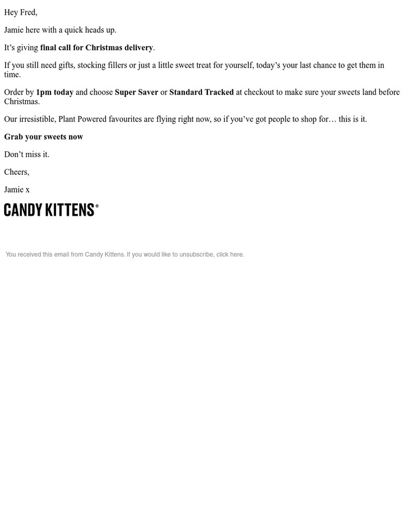 Screenshot of email sent to a Candy Kittens Newsletter subscriber