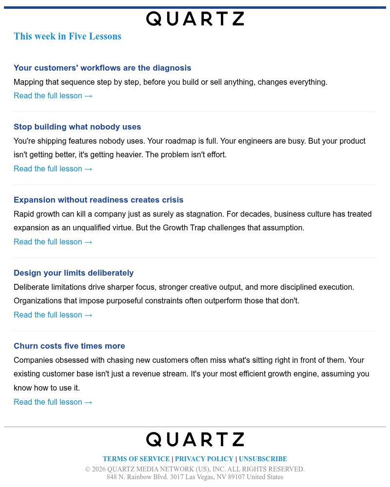 Screenshot of email sent to a Quartz Newsletter subscriber