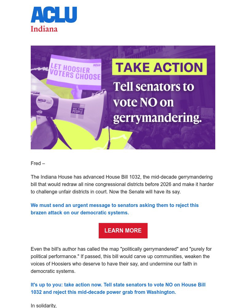 Screenshot of email sent to a American Civil Liberties Union Newsletter subscriber