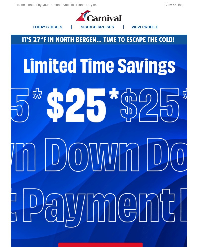 Screenshot of email sent to a Carnival Cruise Line Registered user