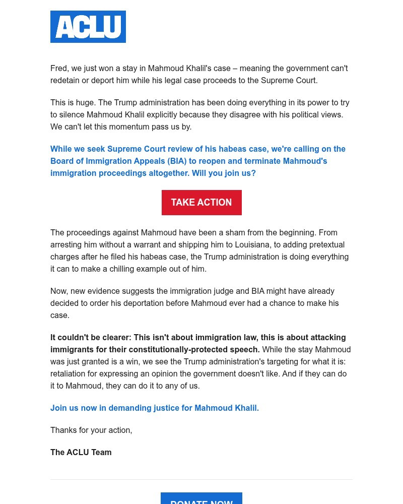 Screenshot of email sent to a American Civil Liberties Union Newsletter subscriber
