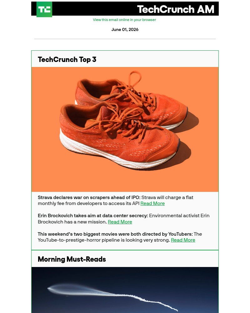 Screenshot of email sent to a Techcrunch Newsletter subscriber