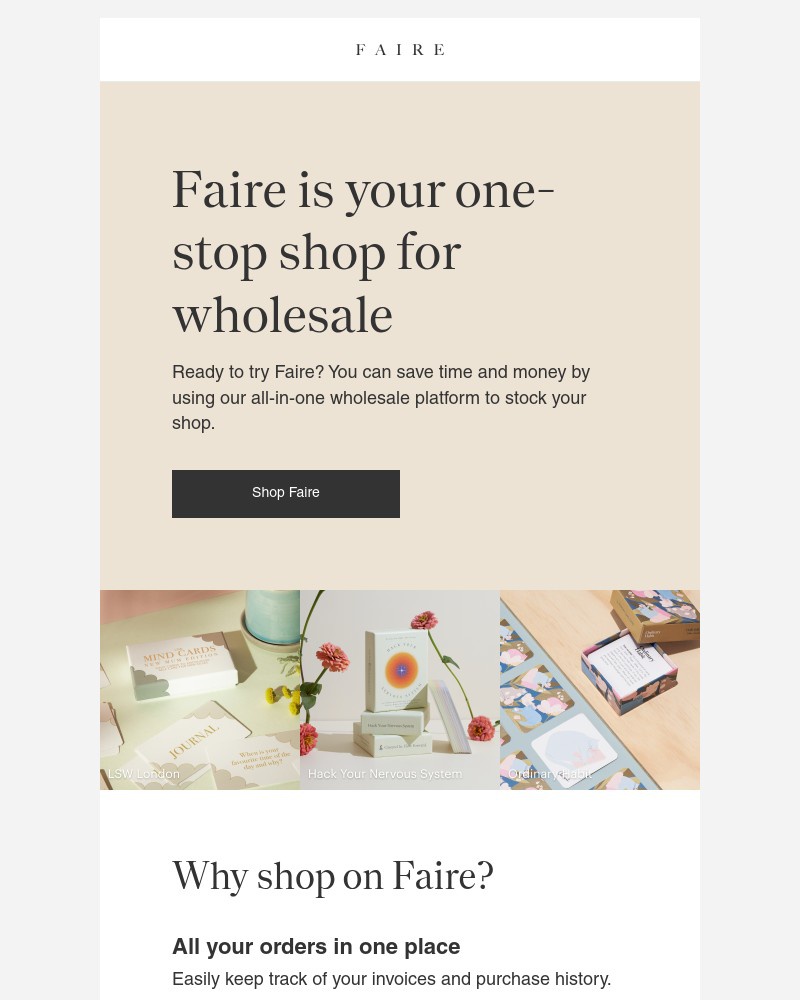 Screenshot of email sent to a Faire Newsletter subscriber