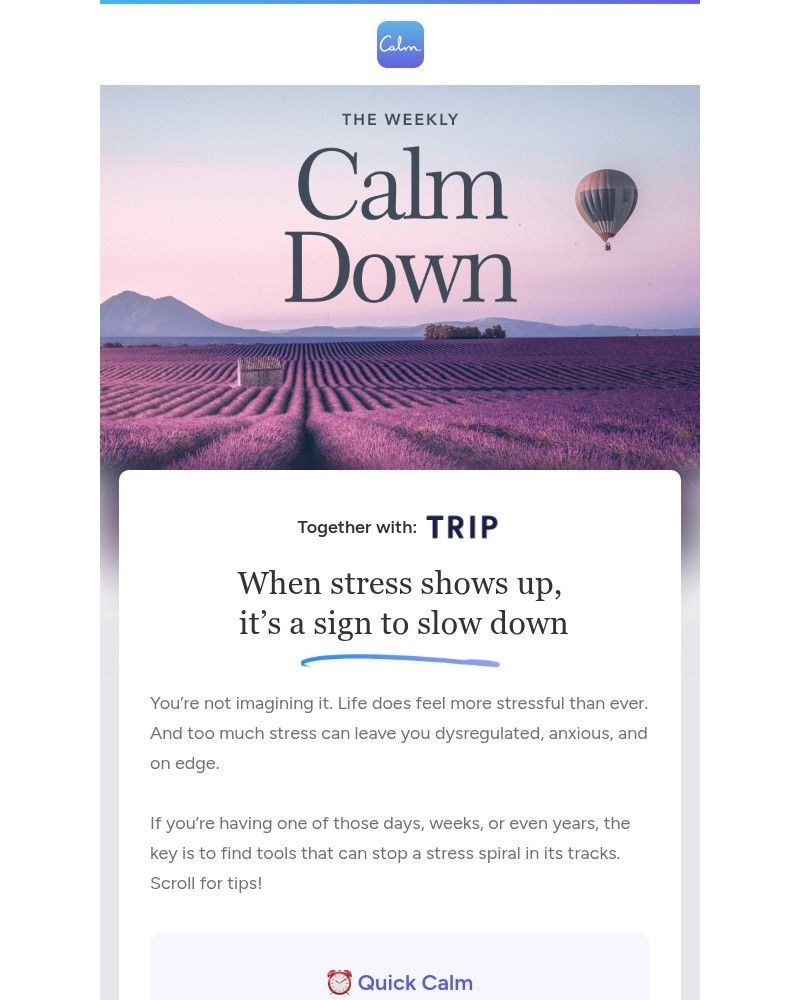 Screenshot of email sent to a Calm Registered user