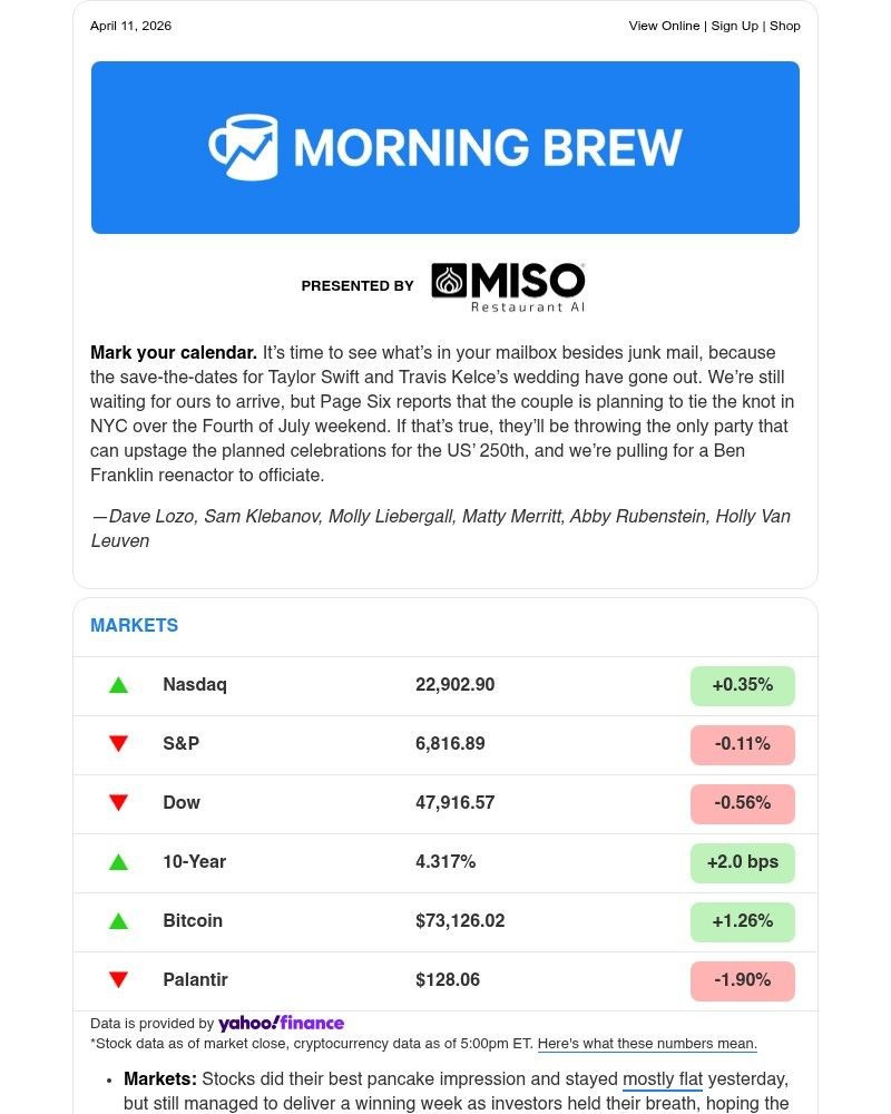 Screenshot of email sent to a Morning Brew Newsletter subscriber
