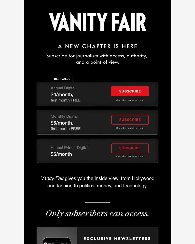 Screenshot of email sent to a Vanity Fair Newsletter subscriber