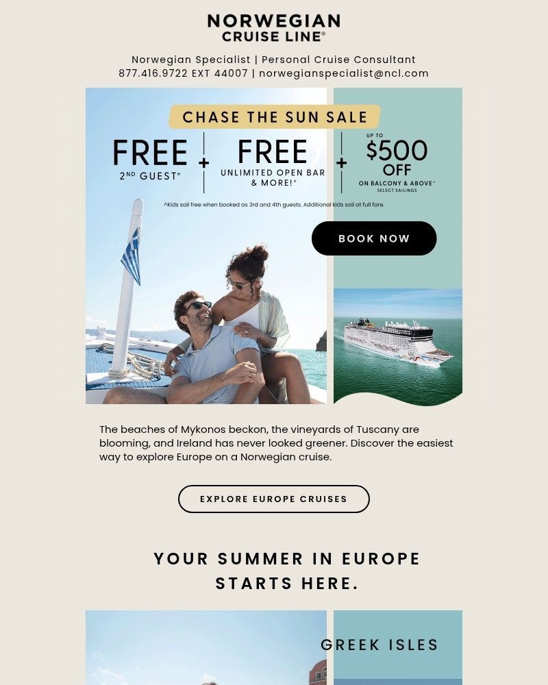 Screenshot of email sent to a Norwegian Cruise Line Newsletter subscriber