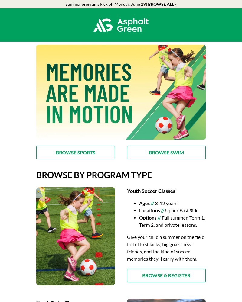 Screenshot of email sent to a Asphalt Green Newsletter subscriber