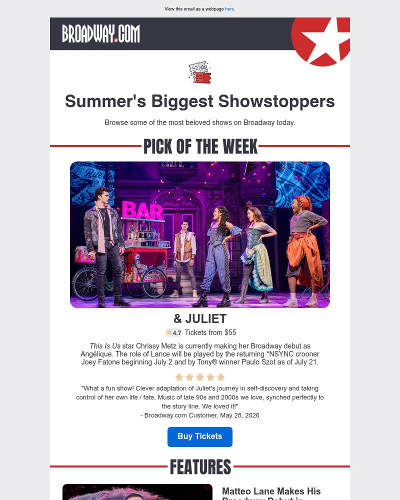 Screenshot of email sent to a Broadway NYC Newsletter subscriber