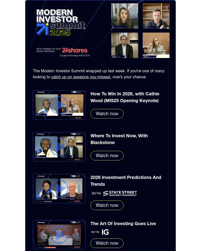 Screenshot of email sent to a Finimize Registered user
