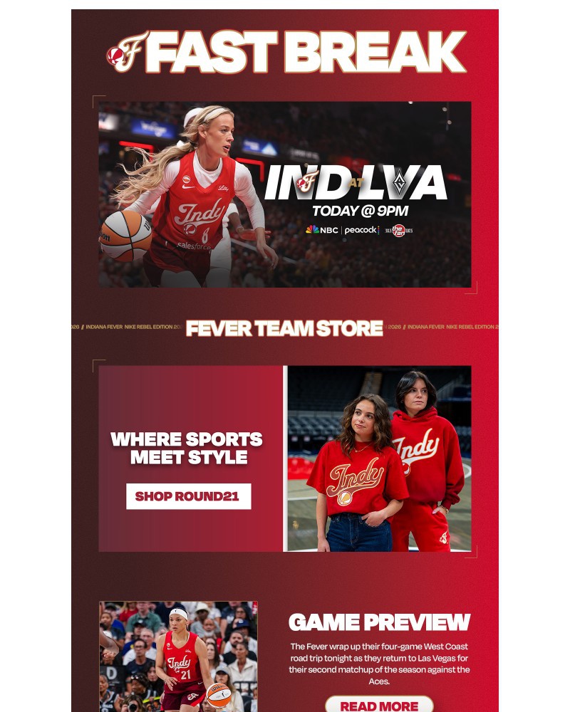 Screenshot of email sent to a Indiana Fever Newsletter subscriber