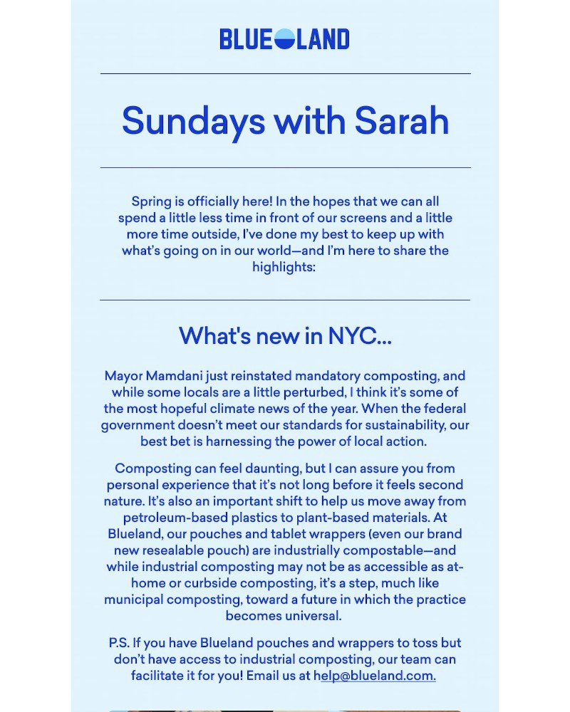Screenshot of email sent to a Blueland Newsletter subscriber
