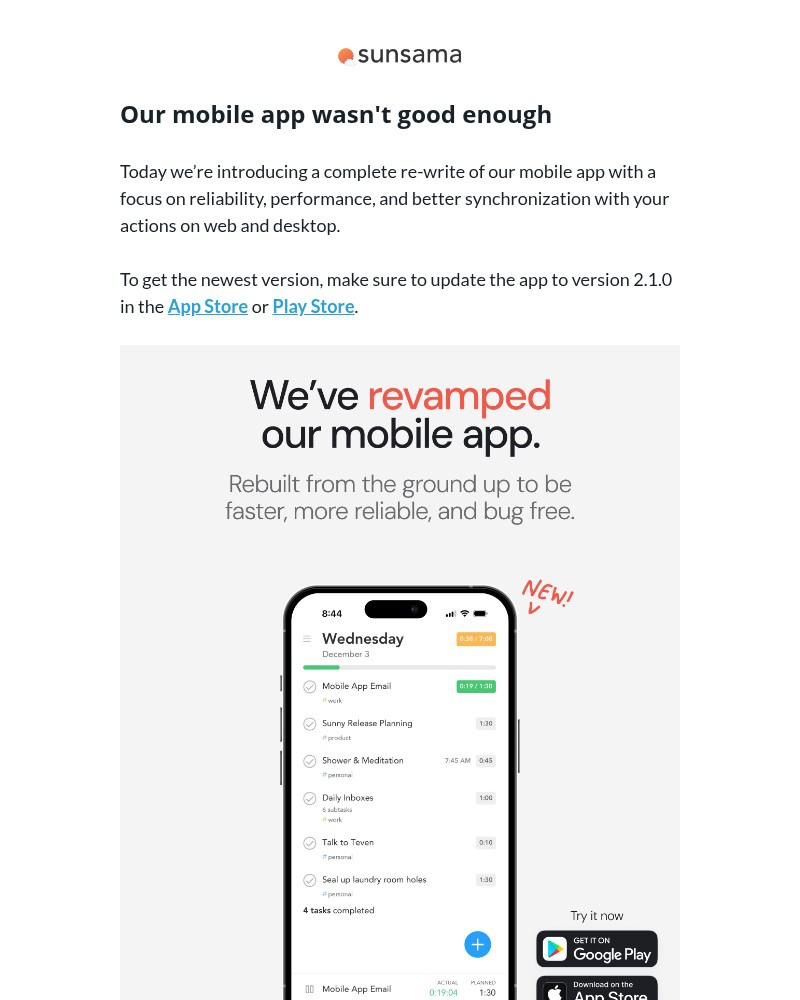 Screenshot of email sent to a Sunsama Registered user