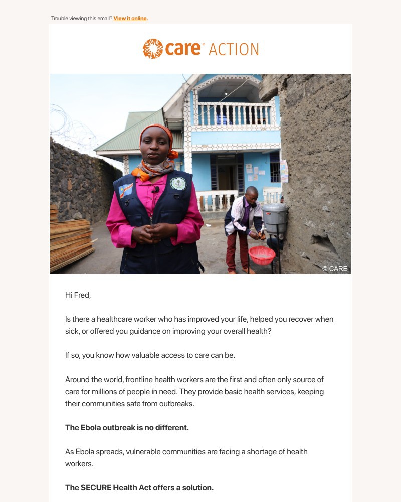 Screenshot of email sent to a Care Newsletter subscriber