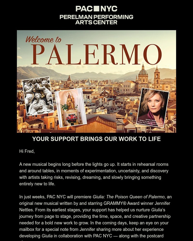 Screenshot of email sent to a Perelman Performing Arts Center (PAC NYC) Newsletter subscriber