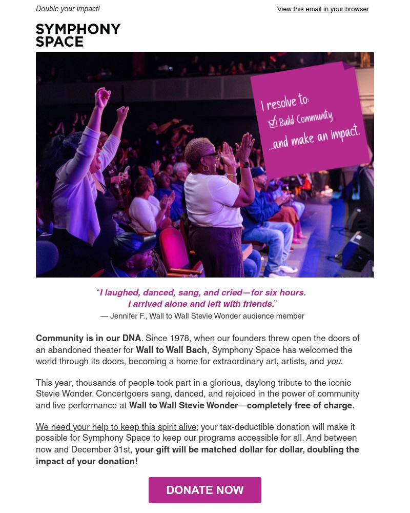 Screenshot of email sent to a Symphony Space Newsletter subscriber