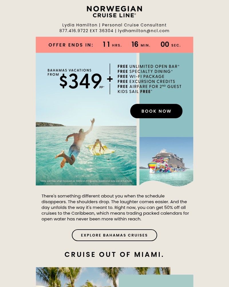 Screenshot of email sent to a Norwegian Cruise Line Newsletter subscriber