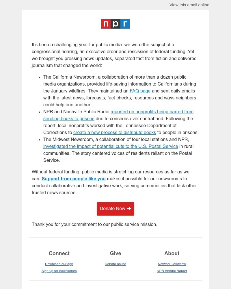 Screenshot of email sent to a NPR Newsletter subscriber