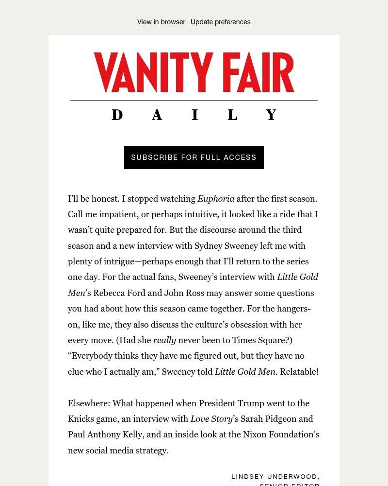 Screenshot of email sent to a Vanity Fair Newsletter subscriber