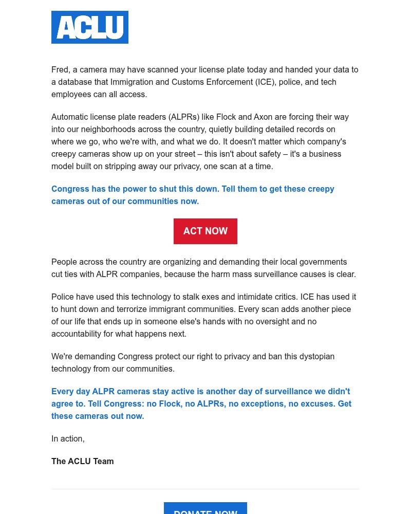 Screenshot of email sent to a American Civil Liberties Union Newsletter subscriber