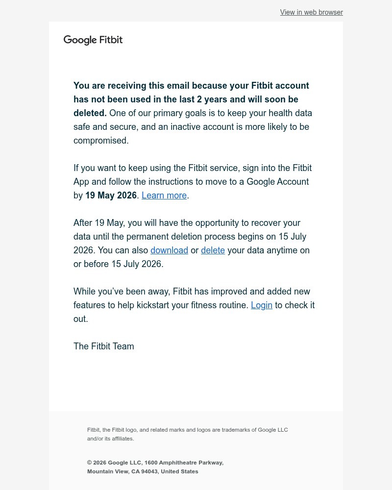 Screenshot of email sent to a Fitbit Registered user