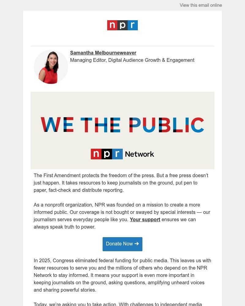 Screenshot of email sent to a NPR Newsletter subscriber